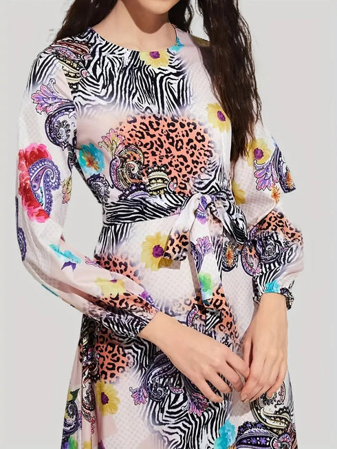 Elegant Leopard Print Belted Maxi Dress, Long Sleeve & Crew Neck Dress